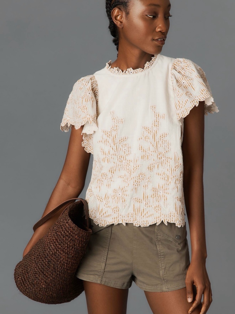 Anthropologie lace cutwork Cream Lace Embroidered Flutter Sleeve Blouse